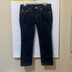 TRUE RELIGION WLHJ58FE2 Americana Chain Dark Rinse Capri Jeans $209 EUC 28